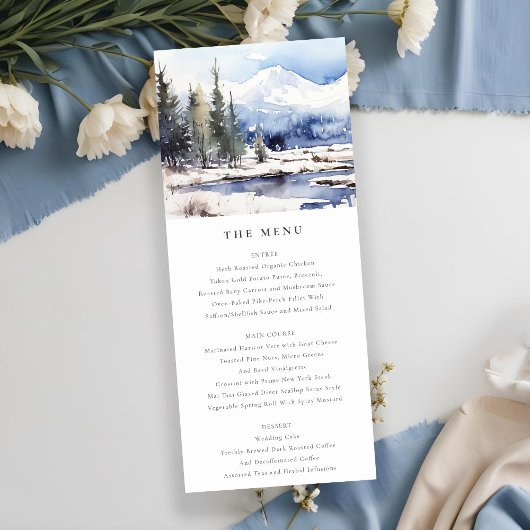 Winter Snow Mountain Ski Landschap Wedding Menu Kaart