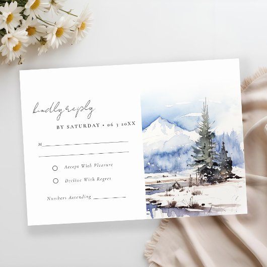 Winter Snow Mountain Ski Landschap Wedding RSVP Kaartje