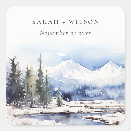 Winter Snow Mountain Ski Landschap Wedding Vierkante Sticker (Voorkant)