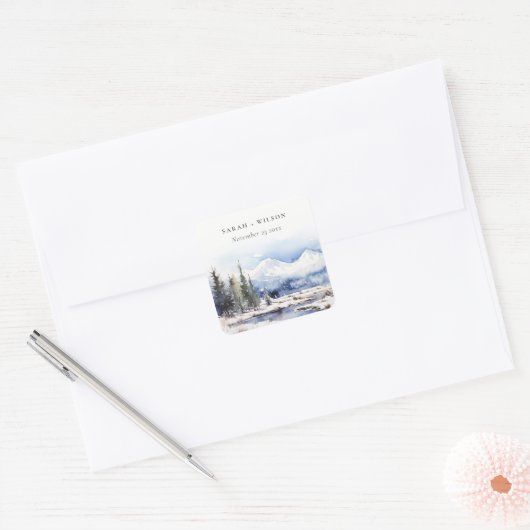 Winter Snow Mountain Ski Landschap Wedding Vierkante Sticker (Envelop)