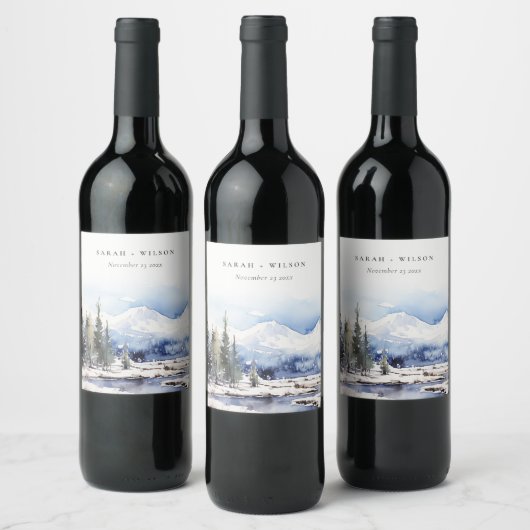 Winter Snow Mountain Ski Landschap Wedding Wijn Etiket (Flessen)