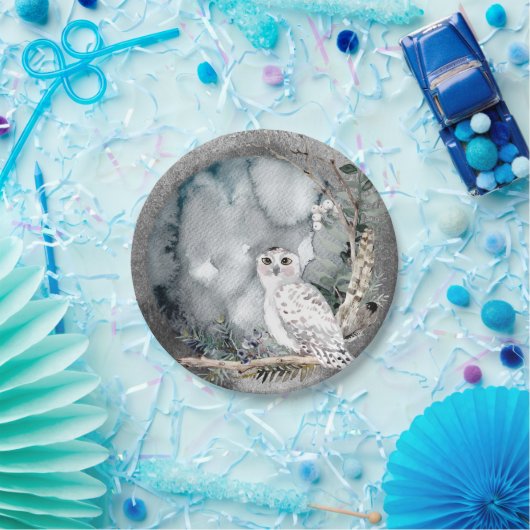Winter Snow Owl Moon Branch Waterverf Wedding Papieren Bordje (Feest)
