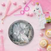 Winter Snow Owl Moon Branch Waterverf Wedding Papieren Bordje (Feest)