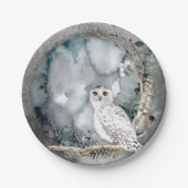 Winter Snow Owl Moon Branch Waterverf Wedding Papieren Bordje (Voorkant)