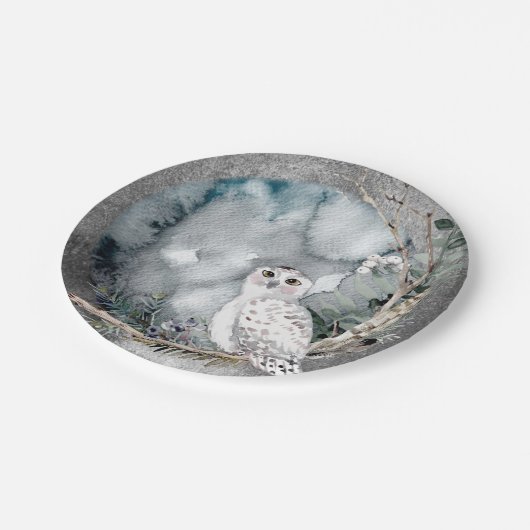 Winter Snow Owl Moon Branch Waterverf Wedding Papieren Bordje (Gekanteld)