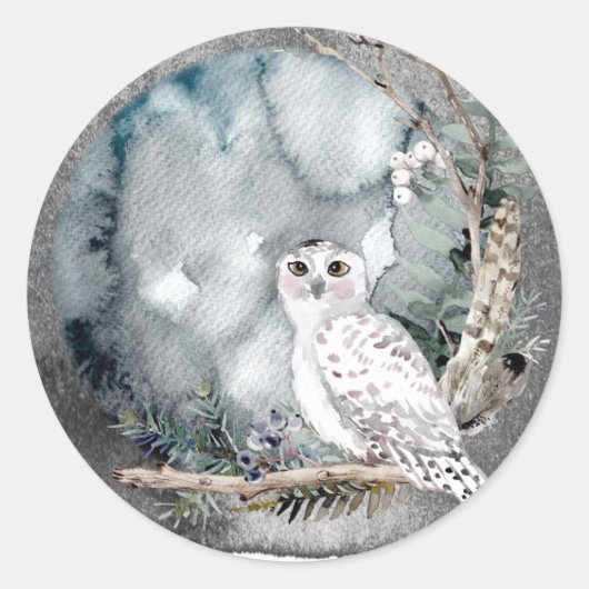 Winter Snow Owl Moon Branch Waterverf Wedding Ronde Sticker (Voorkant)