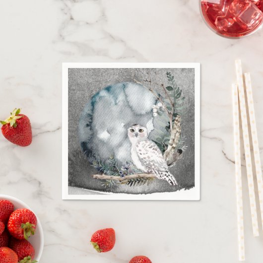 Winter Snow Owl Moon Branch Waterverf Wedding Servet (Insitu)