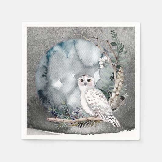Winter Snow Owl Moon Branch Waterverf Wedding Servet (Voorkant)