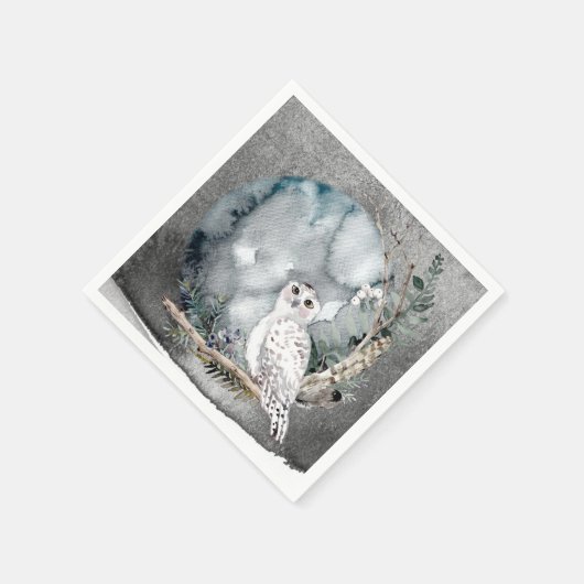 Winter Snow Owl Moon Branch Waterverf Wedding Servet (Hoek)