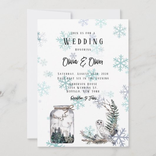 Winter Snow Owl Moon Deer Waterverf Weddenschap Kaart (Voorkant)