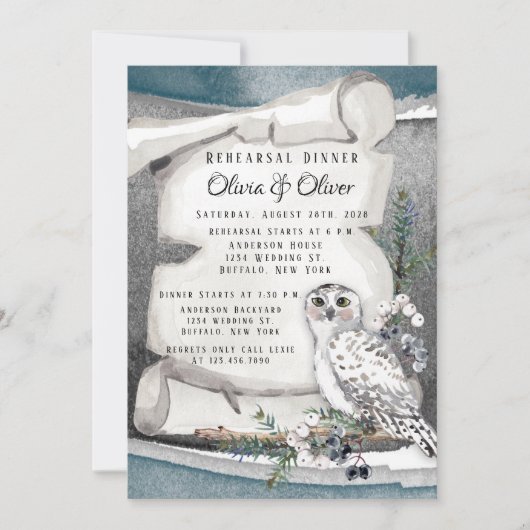 Winter Snow Owl Moon Scroll Rehearsal Dinner Kaart (Voorkant)