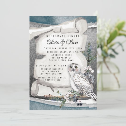 Winter Snow Owl Moon Scroll Rehearsal Dinner Kaart (Staand voorkant)
