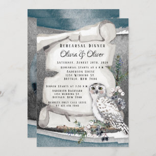 Winter Snow Owl Moon Scroll Rehearsal Dinner Kaart