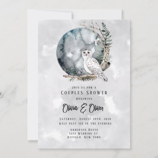 Winter Snow Owl Moon Waterverf Couples Shower Kaart (Voorkant)
