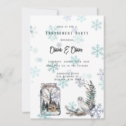 Winter Snow Owl Moon Waterverf Engagement Party Kaart (Voorkant)