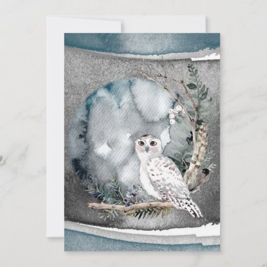 Winter Snow Owl Moon Waterverf Engagement Party Kaart (Achterkant)