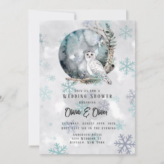 Winter Snow Owl Moon Waterverf Wedding Shower Kaart (Voorkant)