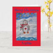 Winter Snow Penguin-Kerstmis Kaart (Gele Bloem)