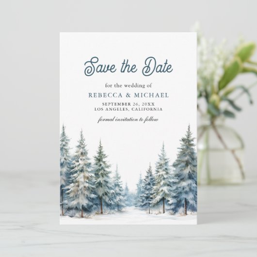 Winter Snow Pine Tree Forest QR Code Trouwfoto Save The Date (Staand voorkant)