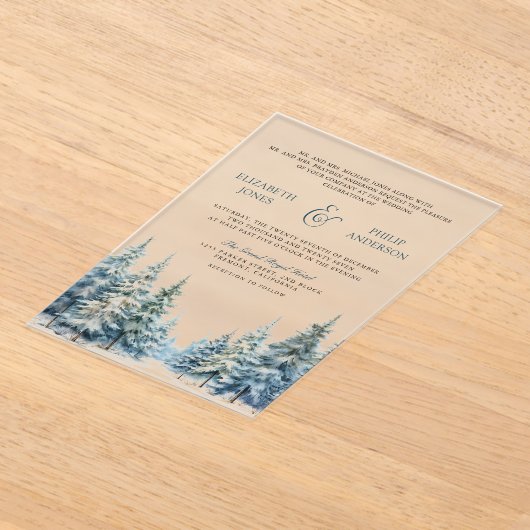 Winter Snow Pine Tree Forest Wedding Acryl Uitnodigingen (Laagn)