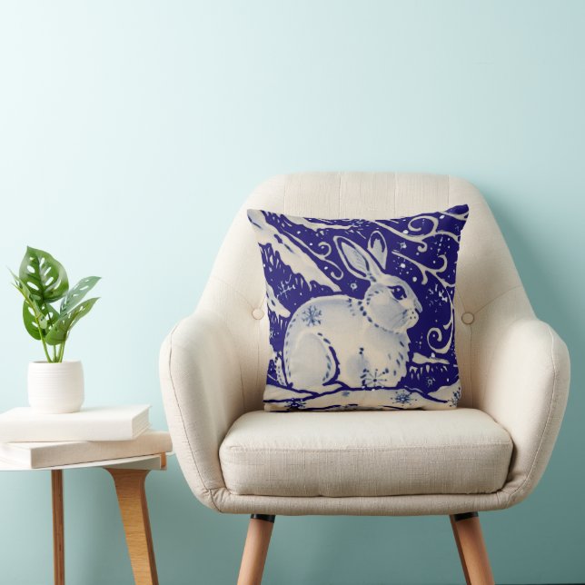 Winter Snow Rabbit Blue White Kerstmis Kussen (Stoel)