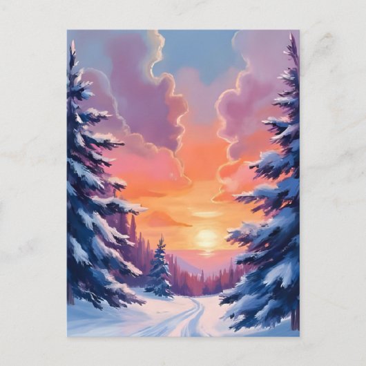 Winter Snow Sunset | Watercolor Landscape Painting Briefkaart (Voorkant)