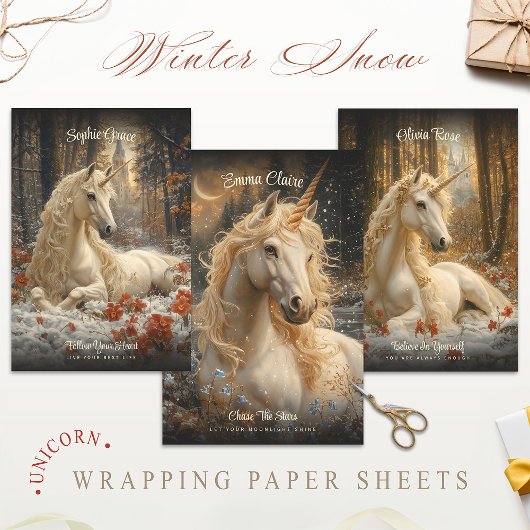 Winter Snow Unicorn Castle Fantasy Magisch Paard Inpakpapier Vel