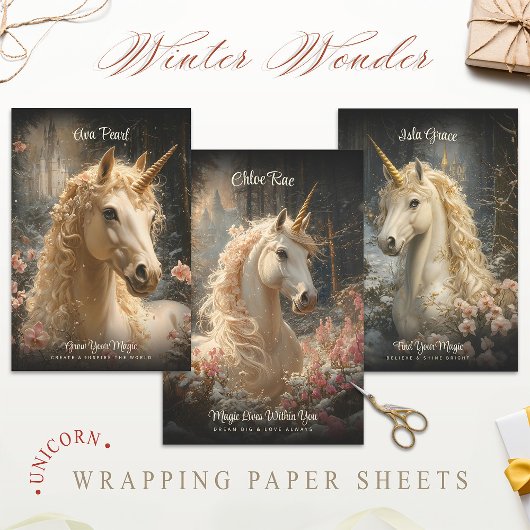 Winter Snow Unicorn Castle Fantasy Magisch Paard Inpakpapier Vel