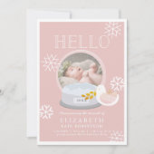 Winter Snow Wereldbol Roze Meisje Geboorteaankondi Kaart (Voorkant)