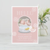 Winter Snow Wereldbol Roze Meisje Geboorteaankondi Kaart (Staand voorkant)
