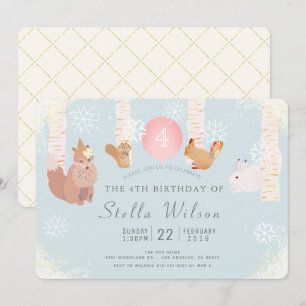 Winter Snow Woodland Animals Birthday Invitation Kaart