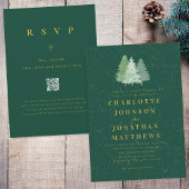 Winter Snow Woodland Green Gold Wedding QR-code Kaart