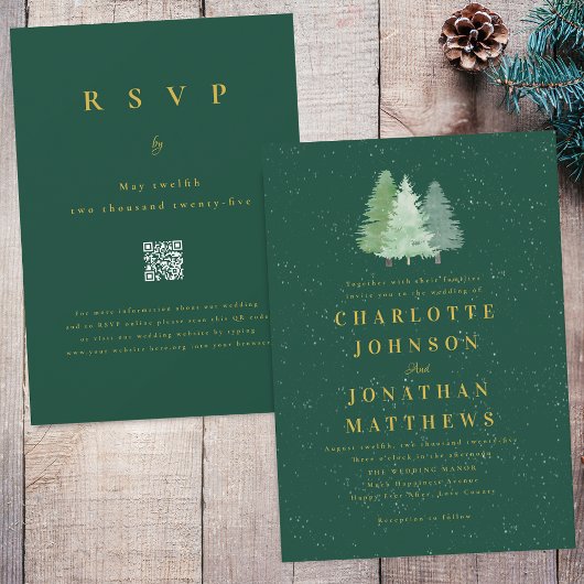 Winter Snow Woodland Green Gold Wedding QR-code Kaart