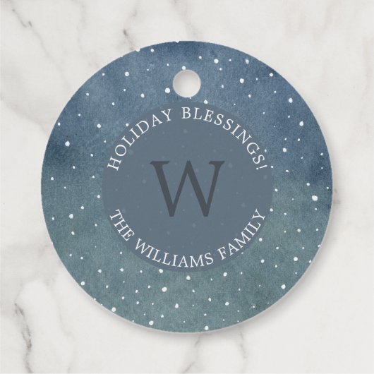 Winter Snowfall Dark Blue Monogram Holiday Bedankjes Labels (Achterkant)