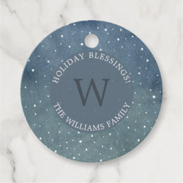 Winter Snowfall Dark Blue Monogram Holiday Bedankjes Labels