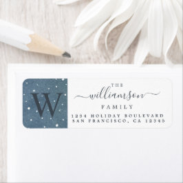 Winter Snowfall Dark Blue Monogram Return Address Etiket