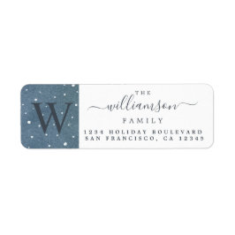 Winter Snowfall Dark Blue Monogram Return Address Etiket