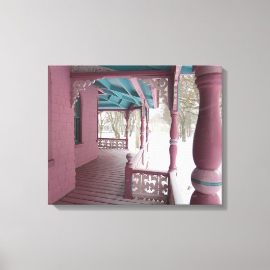 Winter Snowfall op Roze Porch - Martha's wijngaard Canvas Afdruk (Voorkant)