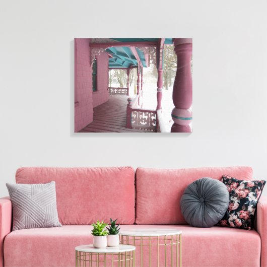 Winter Snowfall op Roze Porch - Martha's wijngaard Canvas Afdruk (Insitu (Woonkamer))