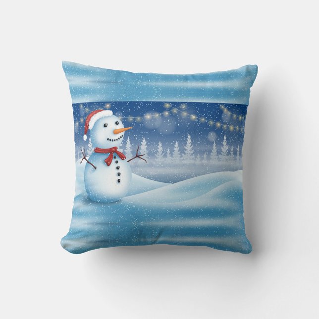Winter Snowfall Sierkussen (Illustration of a snowman in a snowy landscape. )
