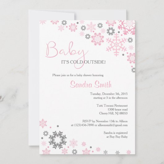 Winter Snowflake Baby Shower Invitations for Girls Kaart (Voorkant)