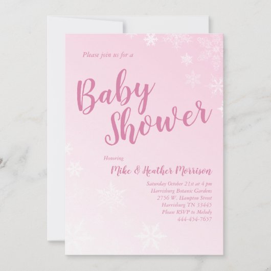 Winter Snowflake Baby shower Roze Meisje Kaart (Voorkant)