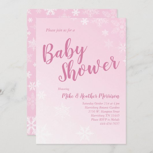 Winter Snowflake Baby shower Roze Meisje Kaart (Voorkant / Achterkant)