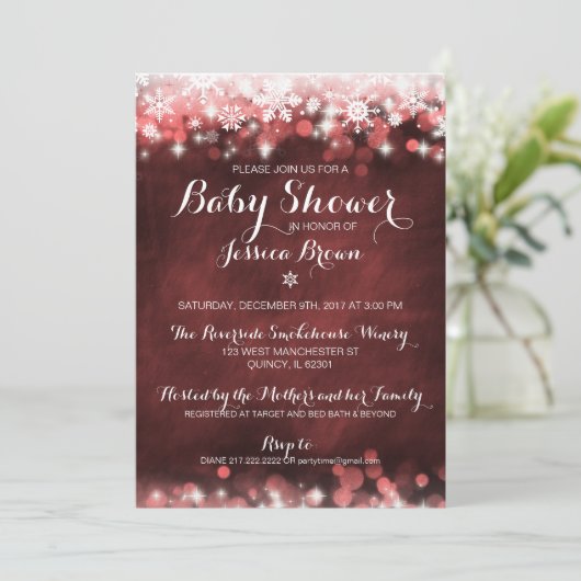 Winter Snowflake Baby shower Uitnodiging - Rood (Staand voorkant)