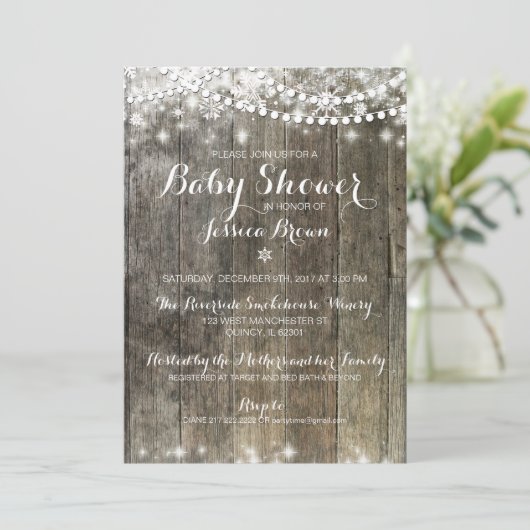 Winter Snowflake Baby shower Uitnodiging - Rustiek (Staand voorkant)