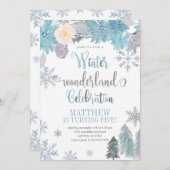 Winter Snowflake Birthday Invitation Blue Boy Kaart (Voorkant / Achterkant)