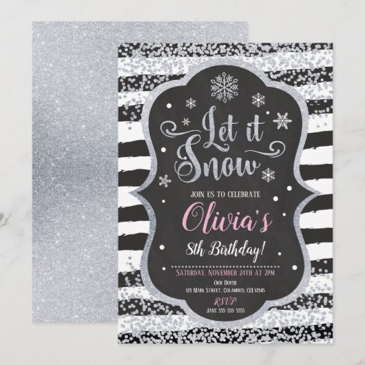 WInter Snowflake Birthday Invitation Glitter Kaart (Voorkant / Achterkant)
