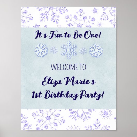 Winter Snowflake Birthday Party Sign Poster (Voorkant)