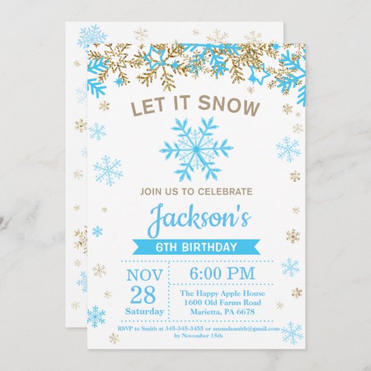 Winter Snowflake Blue en Gold Boy Birthday Kaart (Voorkant / Achterkant)