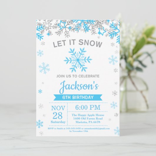 Winter Snowflake Blue en Silver Boy Birthday Kaart (Staand voorkant)